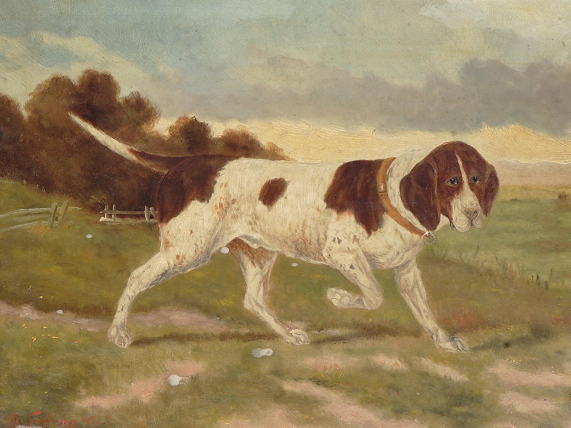 ANTIQUE OIL PAINTING HUNTING DOG SIGNED O FERTING PIC-1